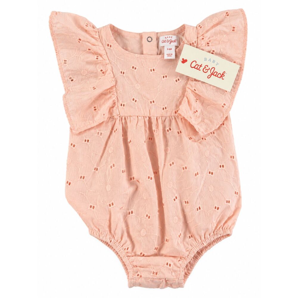 NWT Cat & Jack Baby Girls 6-9M Light Peach Eyelet Bubble Romper Ruffle